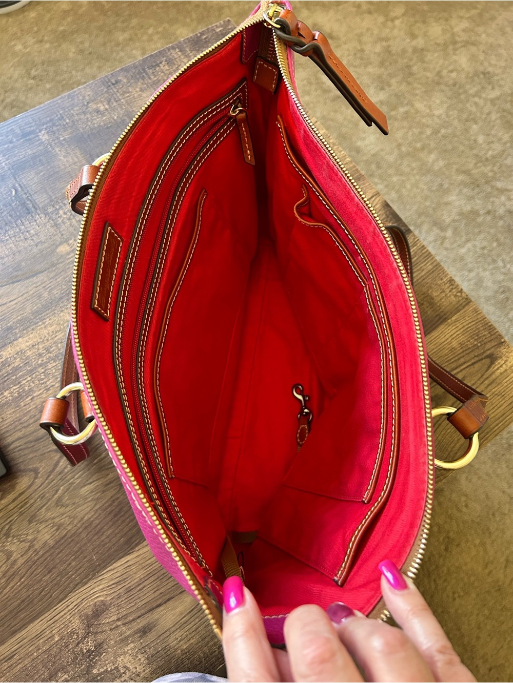Dooney & Bourke Leather Laptop Bag / Tote in Fuchsia w/ Brown Straps 💕 - Picture 14 of 16